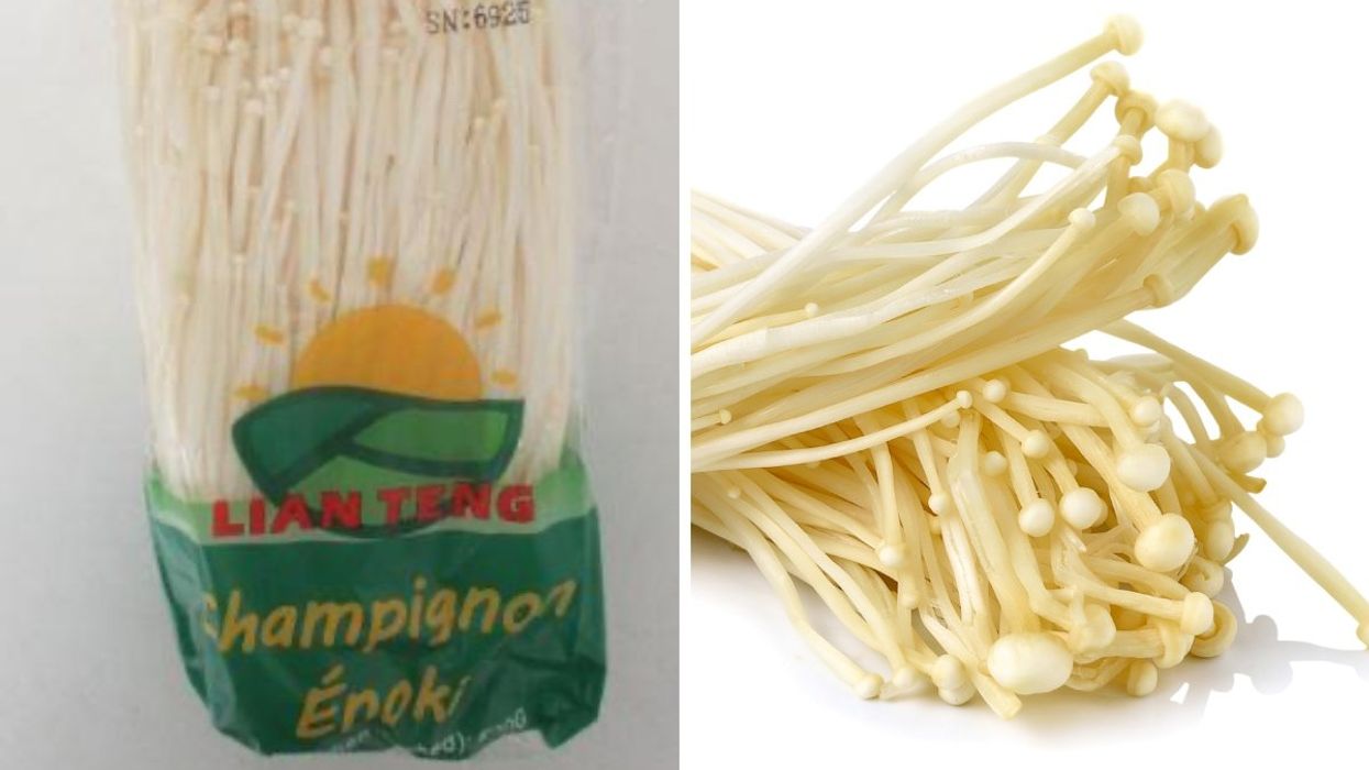 Lian Teng brand Champignon Énoki/enoki mushroom recalled by Health Canada. Right: A generic image of enoki mushrooms.