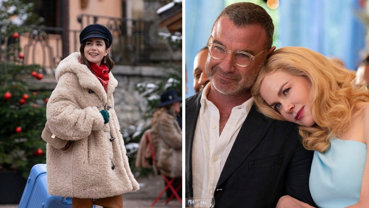 Lily Collins in 'Emily in Paris'. Right: Nicole Kidman and Liev Schreiber in 'The Perfect Couple.'