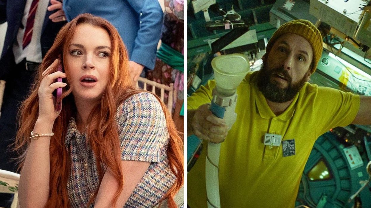 Lindsay Lohan in 'Irish Wish' on Netflix. Right: A scene of Adam Sandler's character in the Netflix film 'Spaceman.'