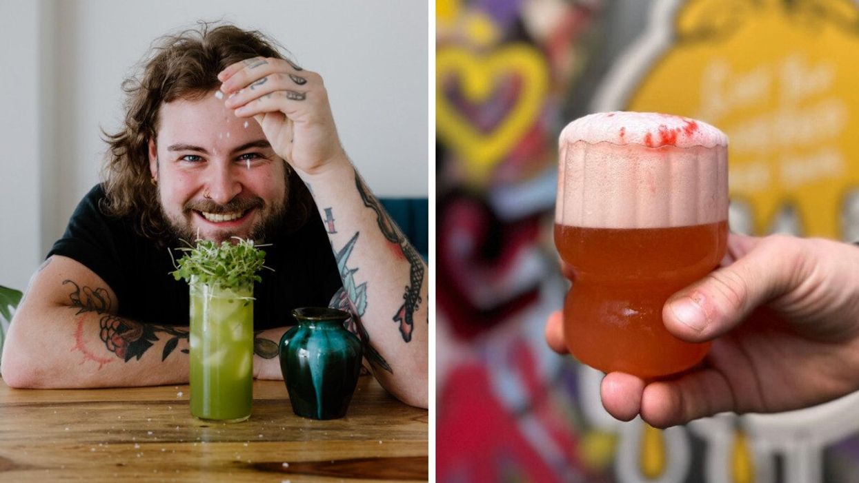 L’infâme Tittle Tattle Bar owner Loyd Von Rose smiles beside a green cocktail. Right: A delicious-looking cocktail from Atwater Cocktail Club, Montreal.