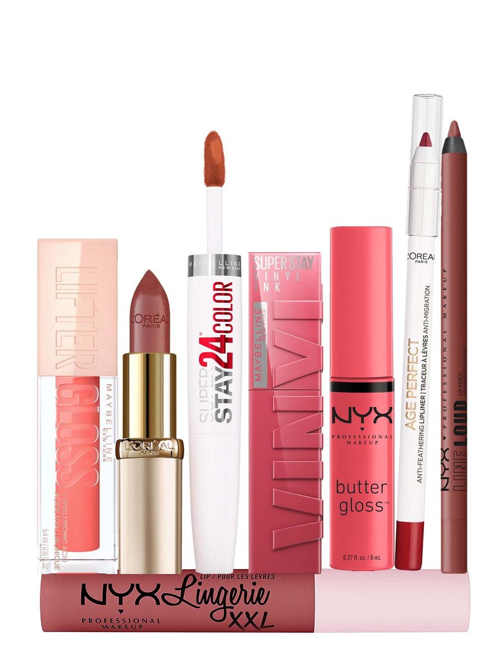 Liptick, lip liners and glosses by L'Or\u00e9al Paris, Maybelline and NYX.