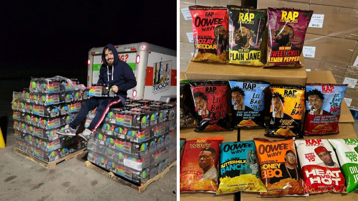 Louis-Gabriel Bonnafé sits atop a mountain of Prime energy drink pallets. Right: An assortment of Rap Snacks available from Rare Drank.