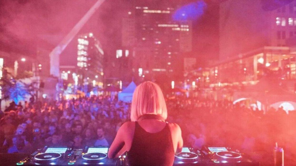 Machìna performs in front of a massive 2022 MUTEK audience in Montreal's Place des Festivals.