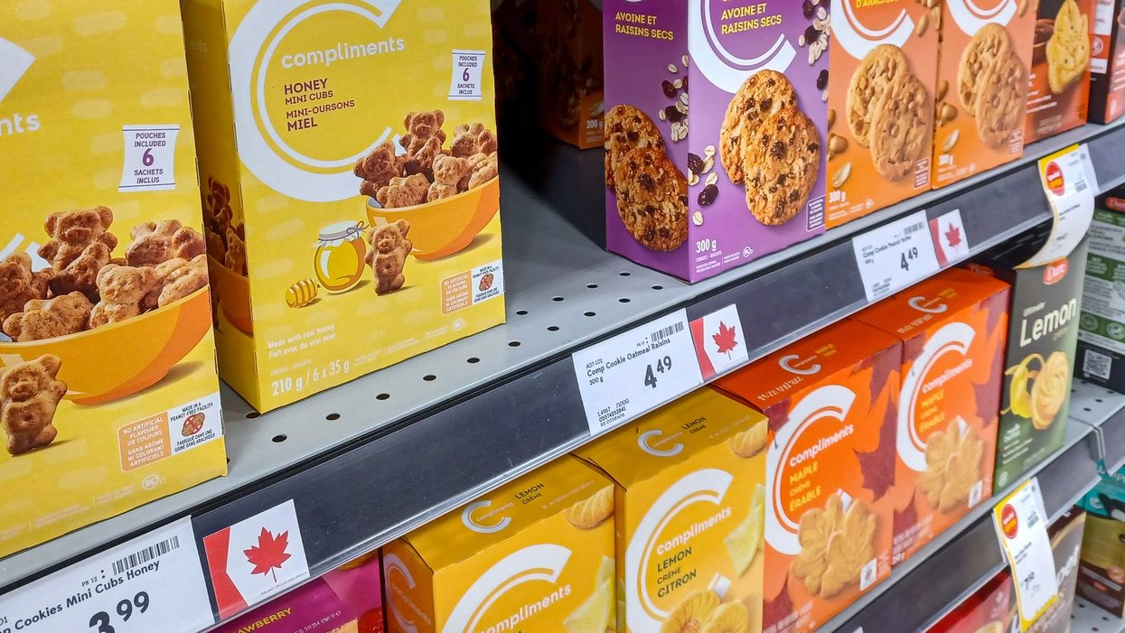 Made in Canada sign. Toronto, ON, Canada - March 3, 2025: A Made in Canada price sign was presented on the shelves of a grocery store as a result of the Trade War initiated by the US government