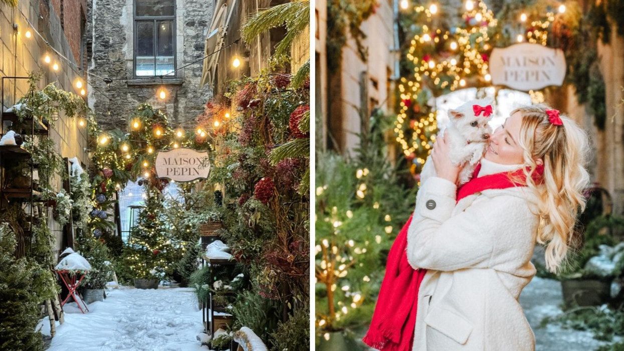 Maison Pepin's enchanted Christmas alley. Right: A woman and a small dog pose and smile at Maison Pepin's enchanted Christmas alley.
