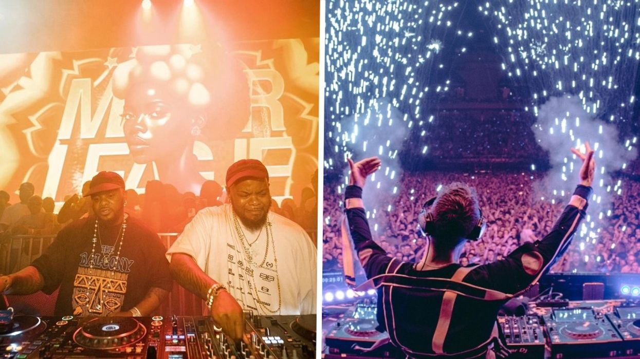 Major League DJs performing a set, Right: DJ Don Diablo performing a set as pyrotechnics go off.