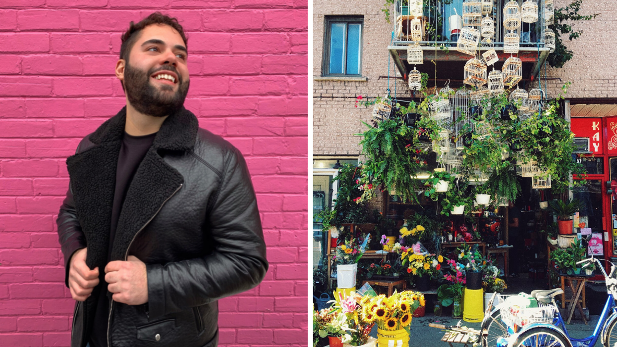 Man standing in front of a pink wall in the Plateau-Mont-Royal, Right: Exterior of Montreal shop Dragon Flowers in the Mile-End.