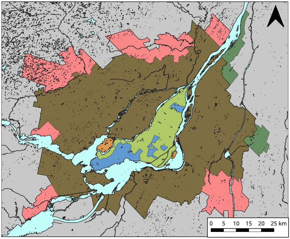 Map by Raymundo Cassani illustrating the different official definitions of Montreal.