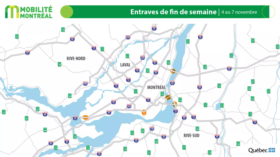Map highlighting locations of major construction and closures in the Montreal-area highway network.