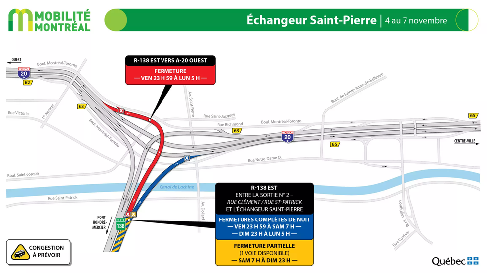 Map highlighting locations of major construction and closures in the Saint-Pierre Interchange.