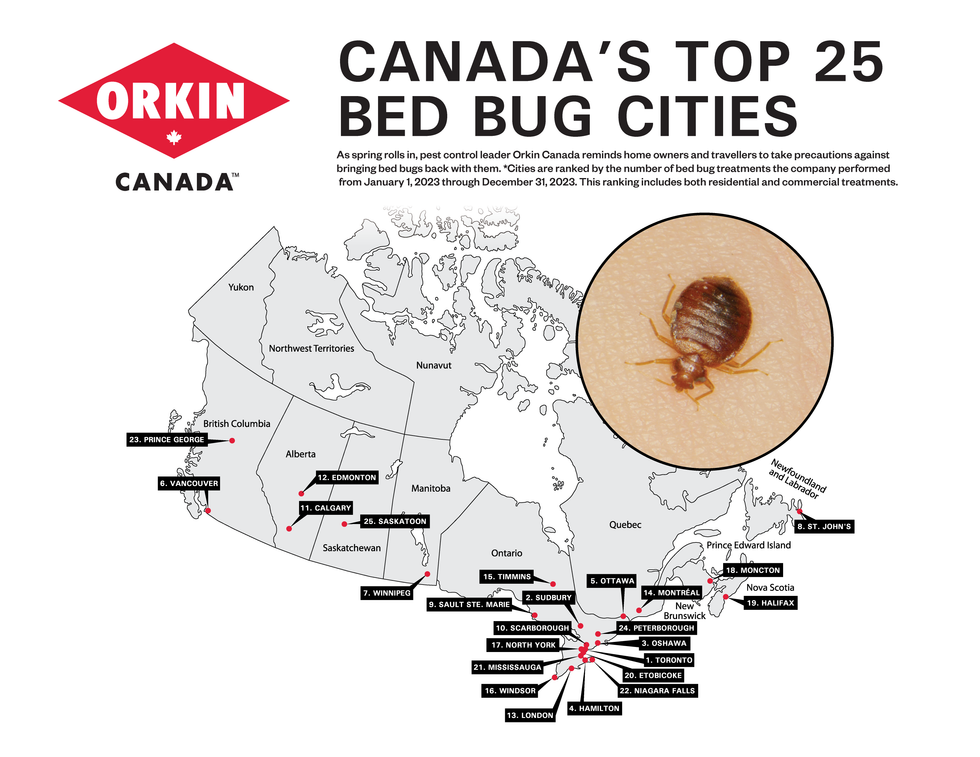 Mapa de ciudades con chinches en Canadá.