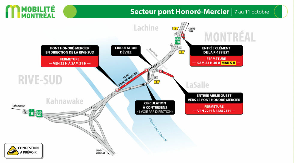 Map of the closures of the Mercier Bridge.