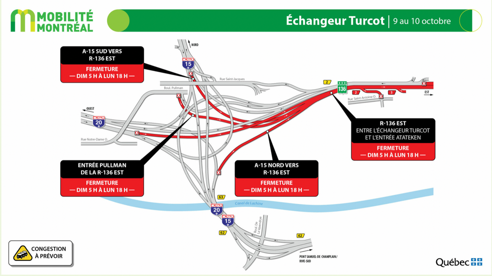 Map of the closures of the Turcot interchange.