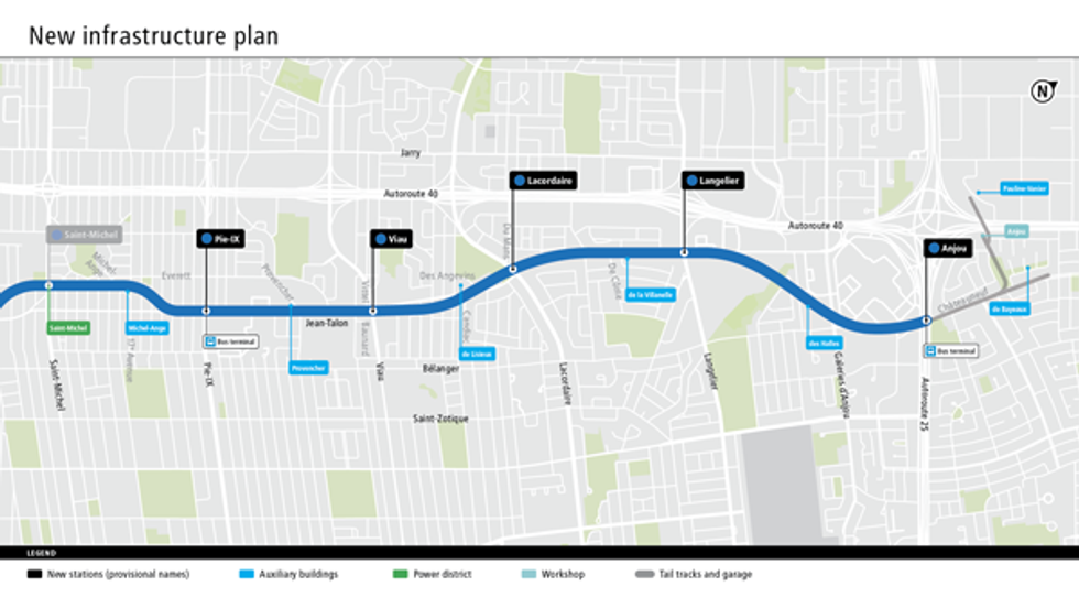 Map of the Soci\u00e9t\u00e9 de transport de Montr\u00e9al's (STM) blue line extension plan.