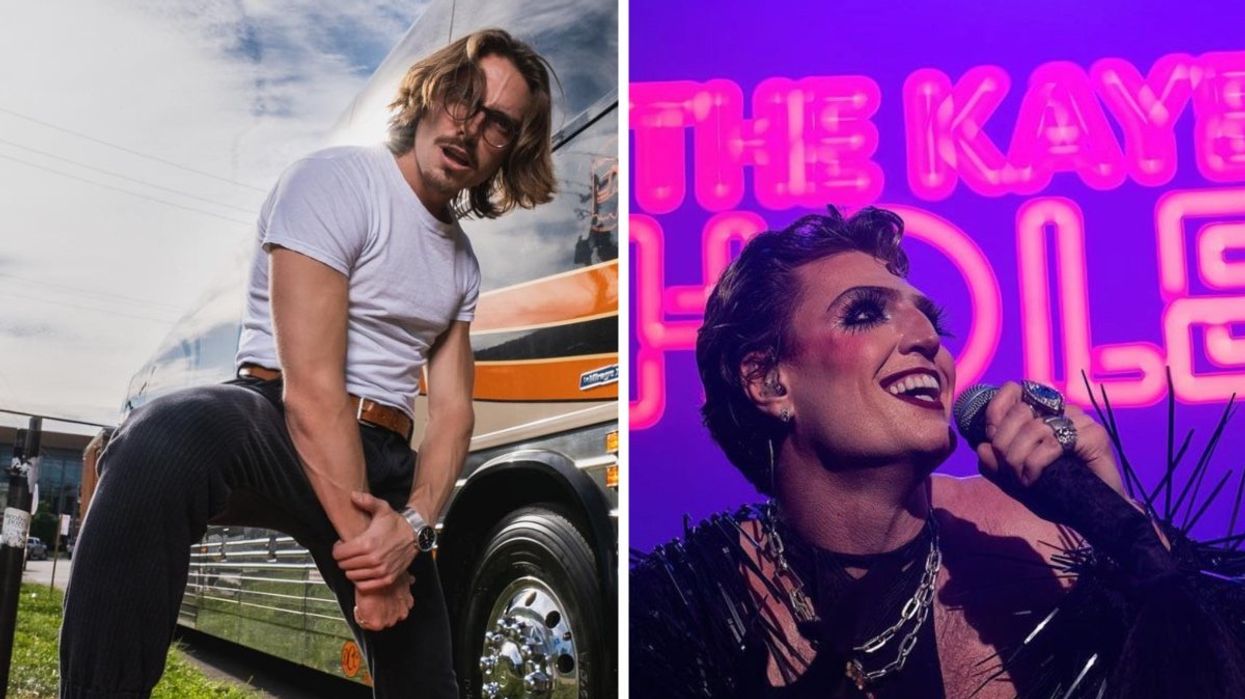 Marc Rebillet standing in front of a tour bus, Right: Reuben Kaye performing on stage during their The Kaye Hole tour.