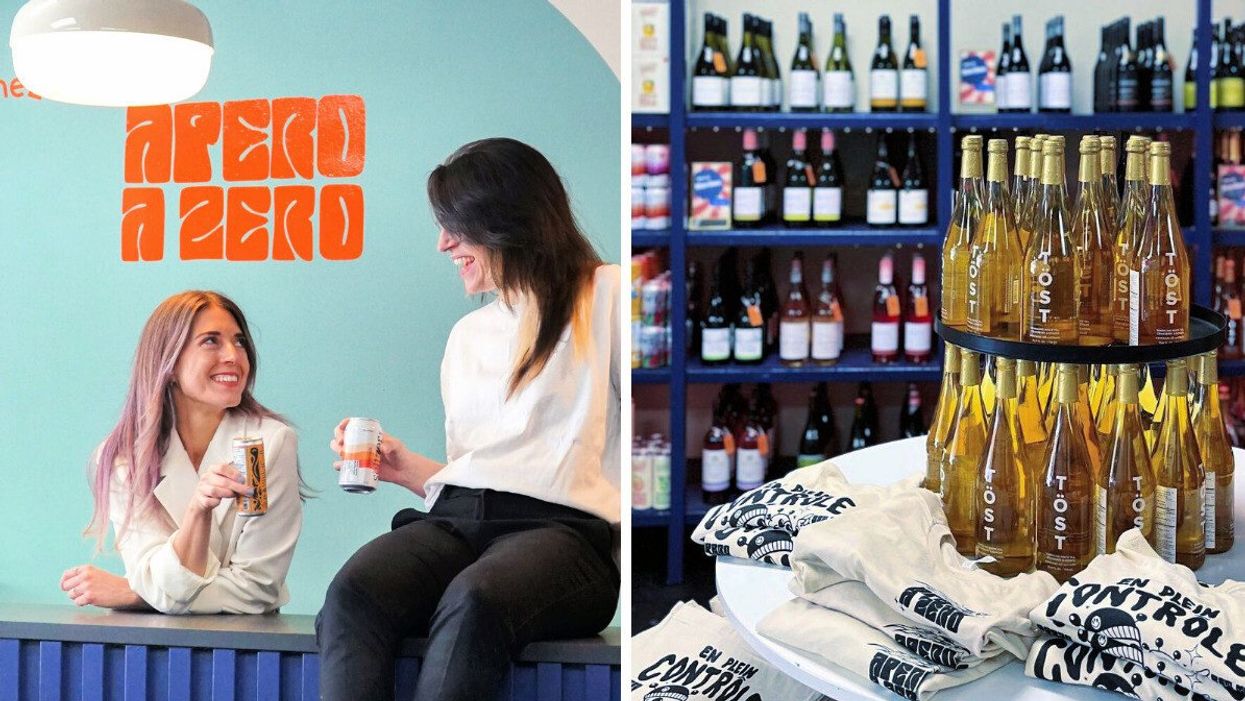 Marilou Lapointe and Sophie Anne Aubin cheers on the bar at Apéro à Zéro. Right: A selection of bottles and cans.