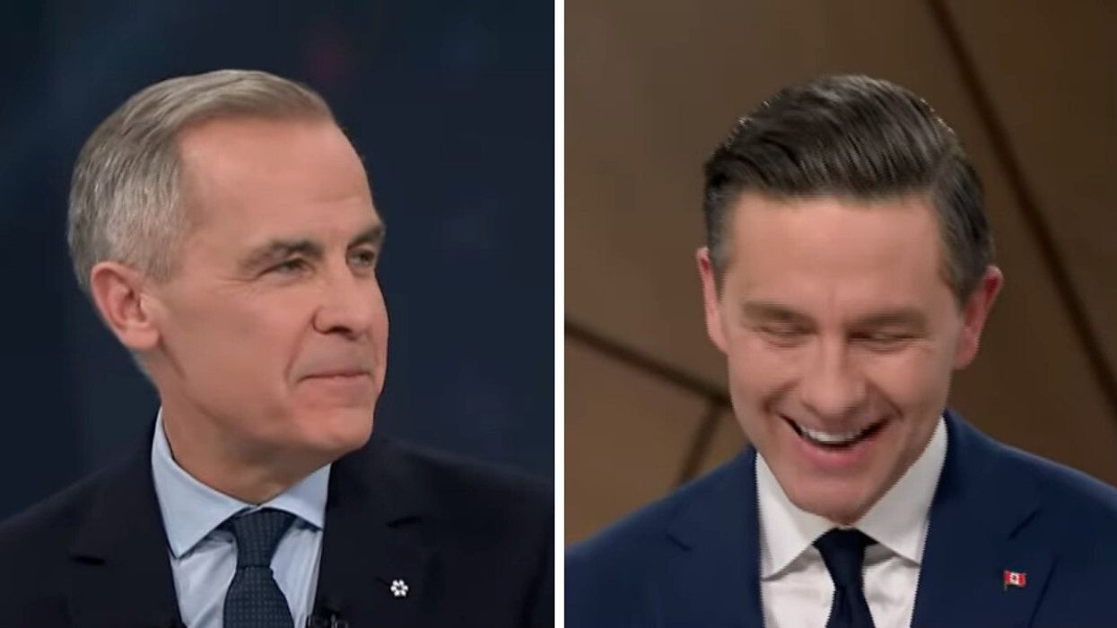 Mark Carney speaks at the first leaders' debate. Right: Pierre Poilievre breaks into laughter.