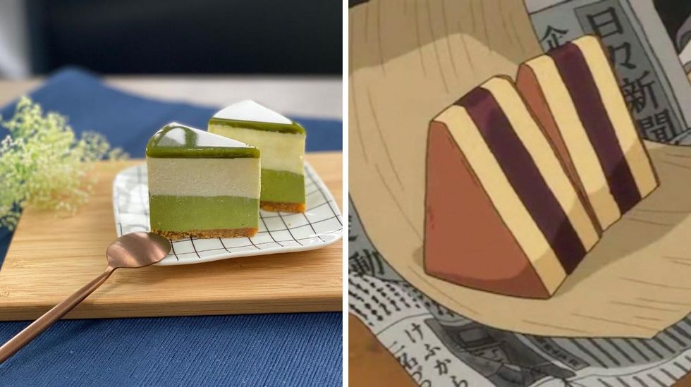Matcha rare cheesecake from Tsujiri. Right: Siberia cake from "The Wind Rises."