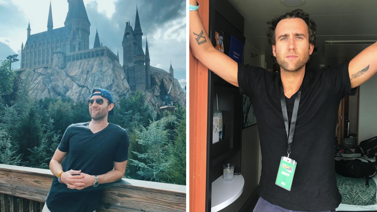 Matthew Lewis at Hogwarts in Universal Studios, Orlando. Right: Matthew Lewis Instagram photo.