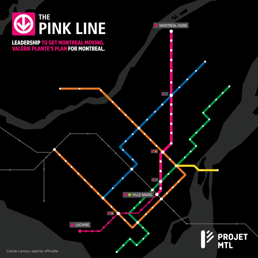 Mayor Val\u00e9rie Plante's 2017 proposal for a pink metro line.