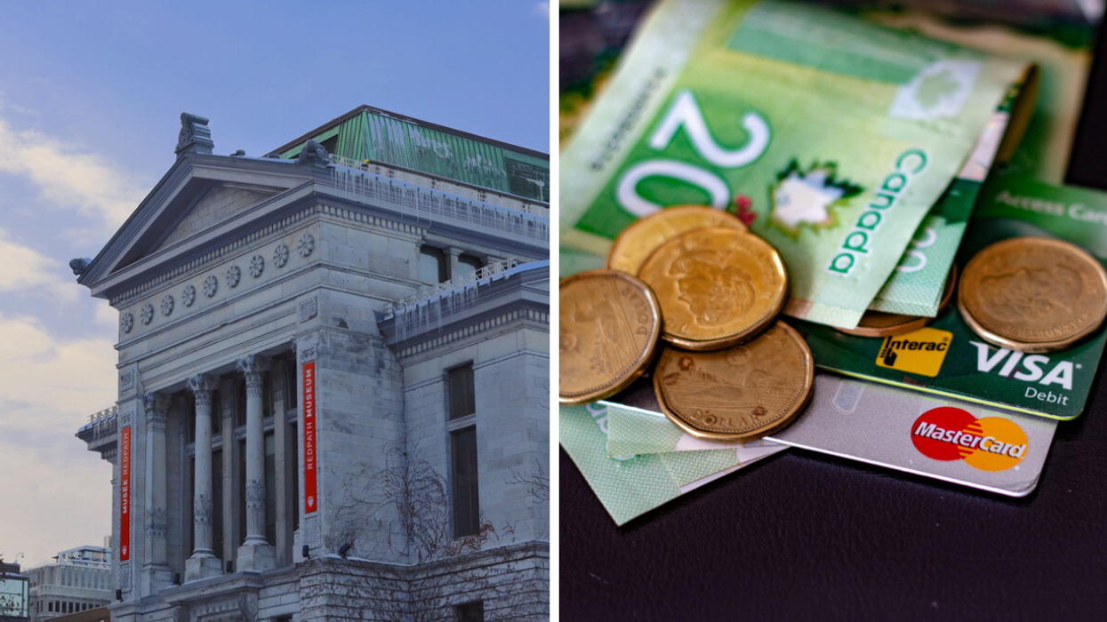 McGill's Redpath Museum in winter. Right: Canadian money lies on a table.