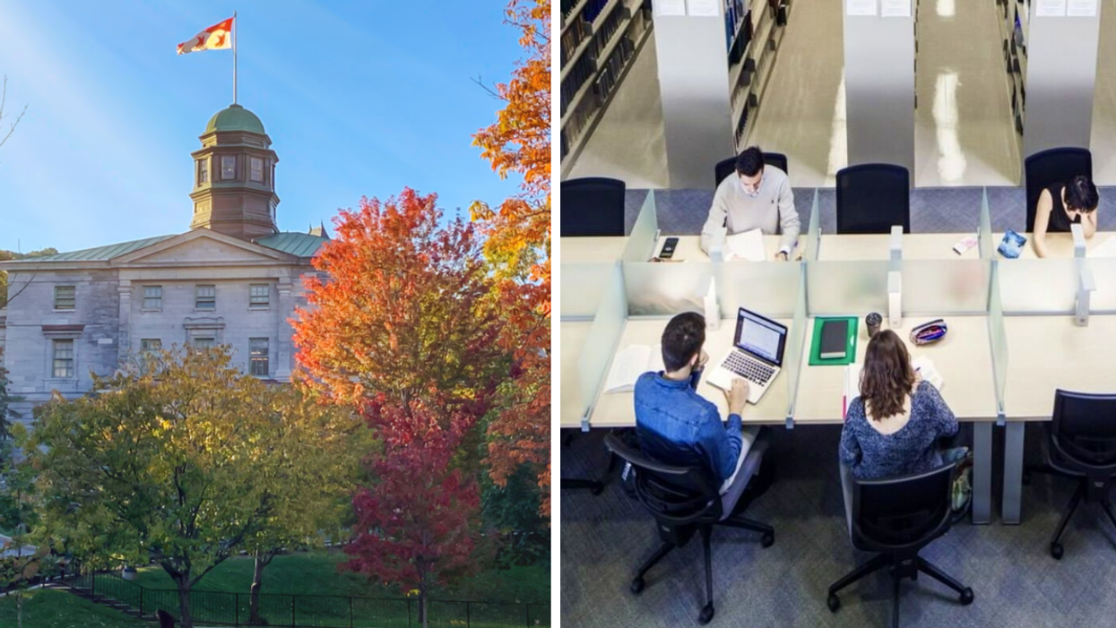 McGill University. Right: Students working at the Université de Montreal library.