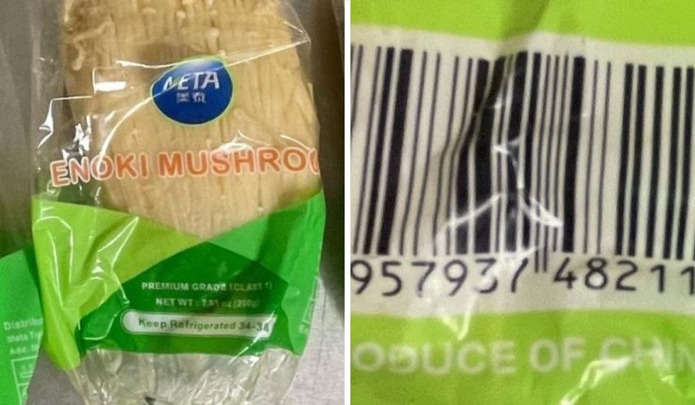 Meta brand Enoki mushrooms packaged in transparent and green plastic.