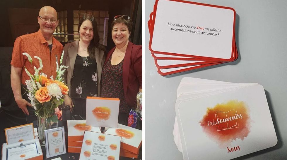 Michelle Lemay and Marie-Claude Chartier displaying their games. Right: The "Nous" card game.