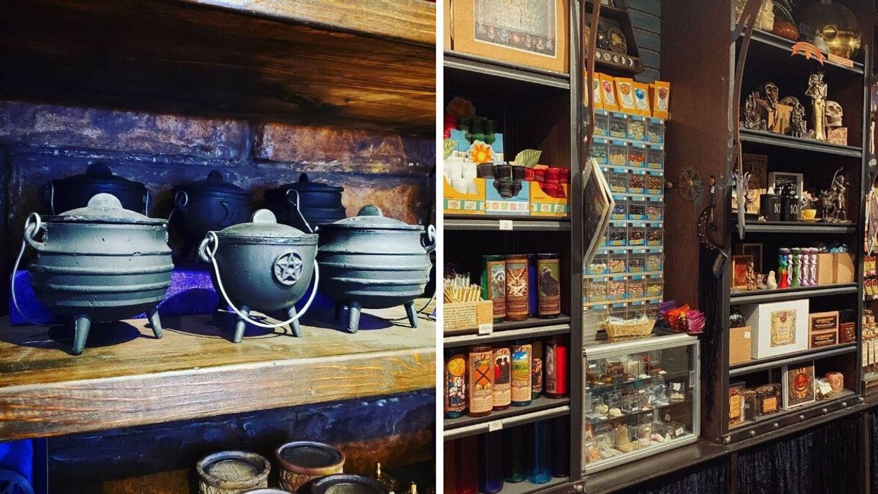 Mini cauldrons on a shelf. Right: Shelves filled with candles, incense and other magical items from Charme et Sortilège.