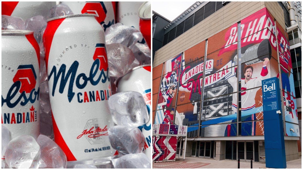Molson cans on ice. Right: Centre Bell in Montreal, Quebec, Canada. Multi-purpose arena in downtown, home arena of the Montreal Canadiens of the National Hockey League NHL.