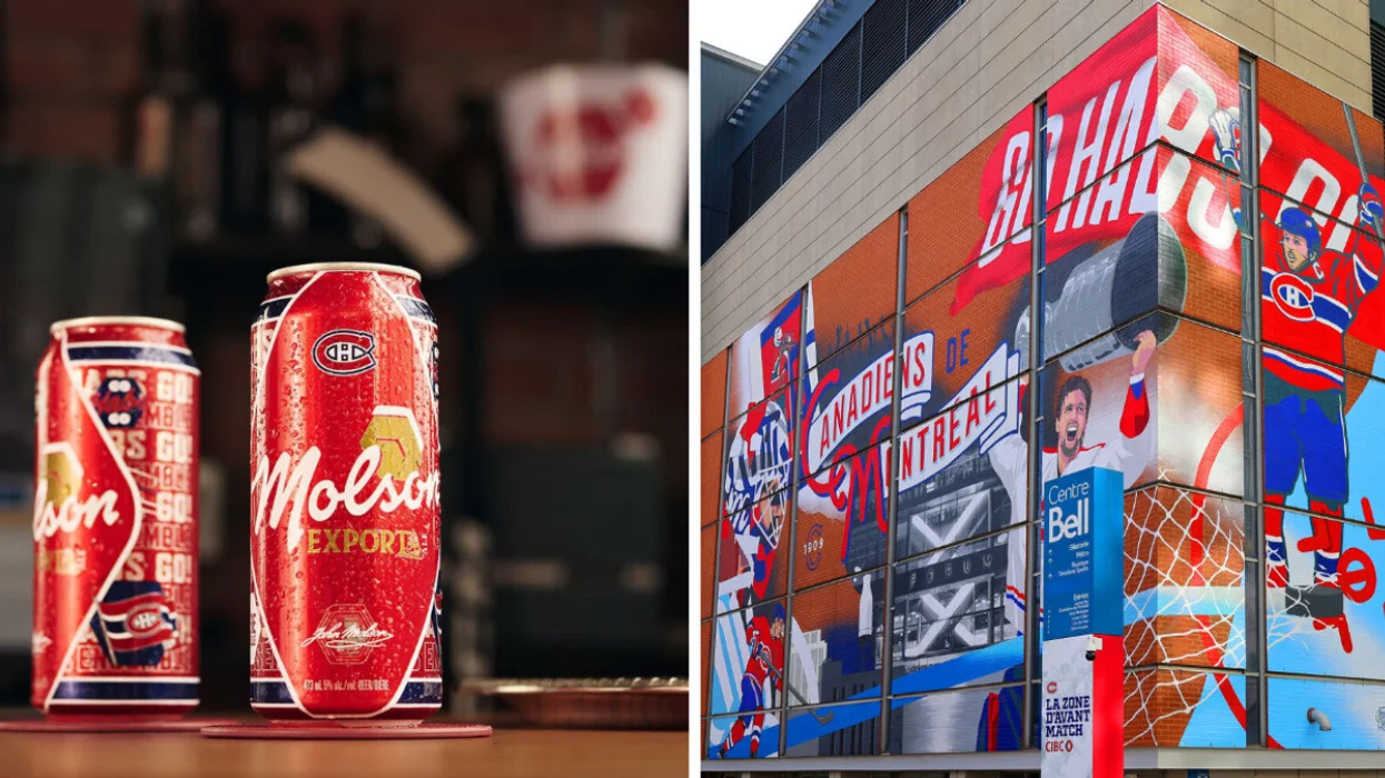 Molson Export Canadiens Edition beer cans on a bar counter. Right: Canadiens de Montréal mural on the Bell Centre exterior in Montreal