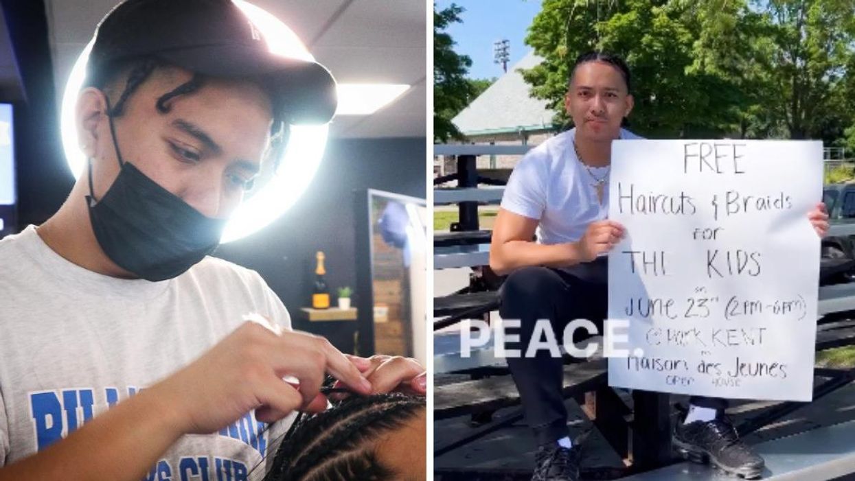 Montreal barber Geoffrey Gonzales braiding hair. Right: Montreal barber Geoffrey Gonzales holding a sign.