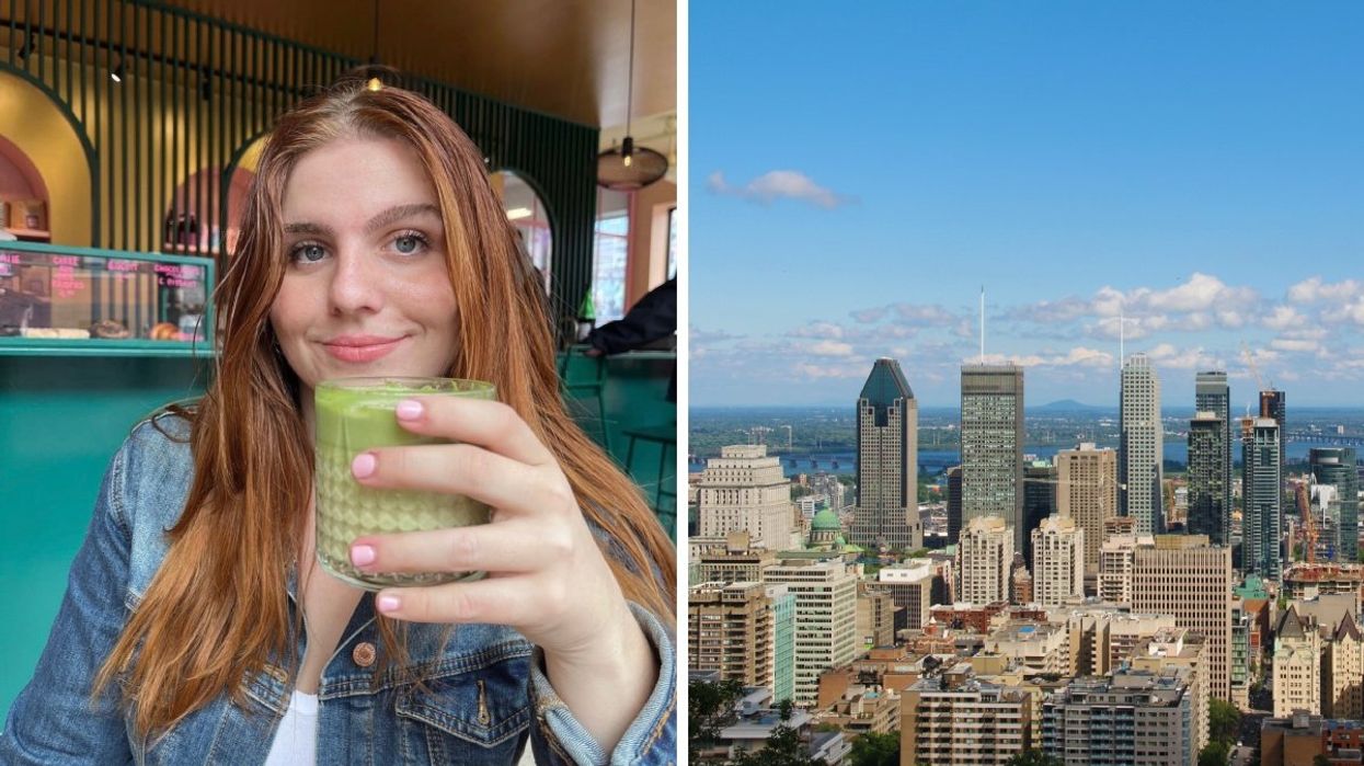 Montreal blogger Emilie Rossignol-Arts holding a green juice from Pastel Rita, Right: The Montreal skyline during the summertime.