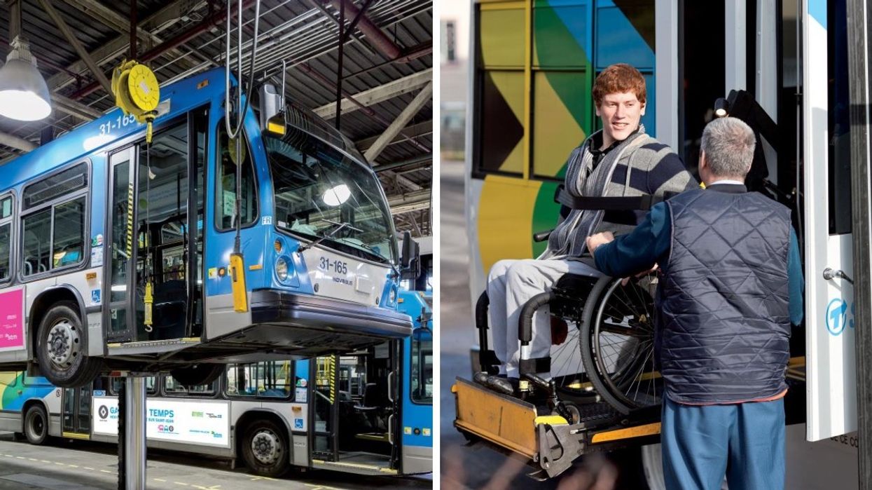 Montreal buses being serviced at the STM maintenance centre. Right: An STM worker helping a person in a wheelchair get off a wheelchair-accessible bus in Montreal.
