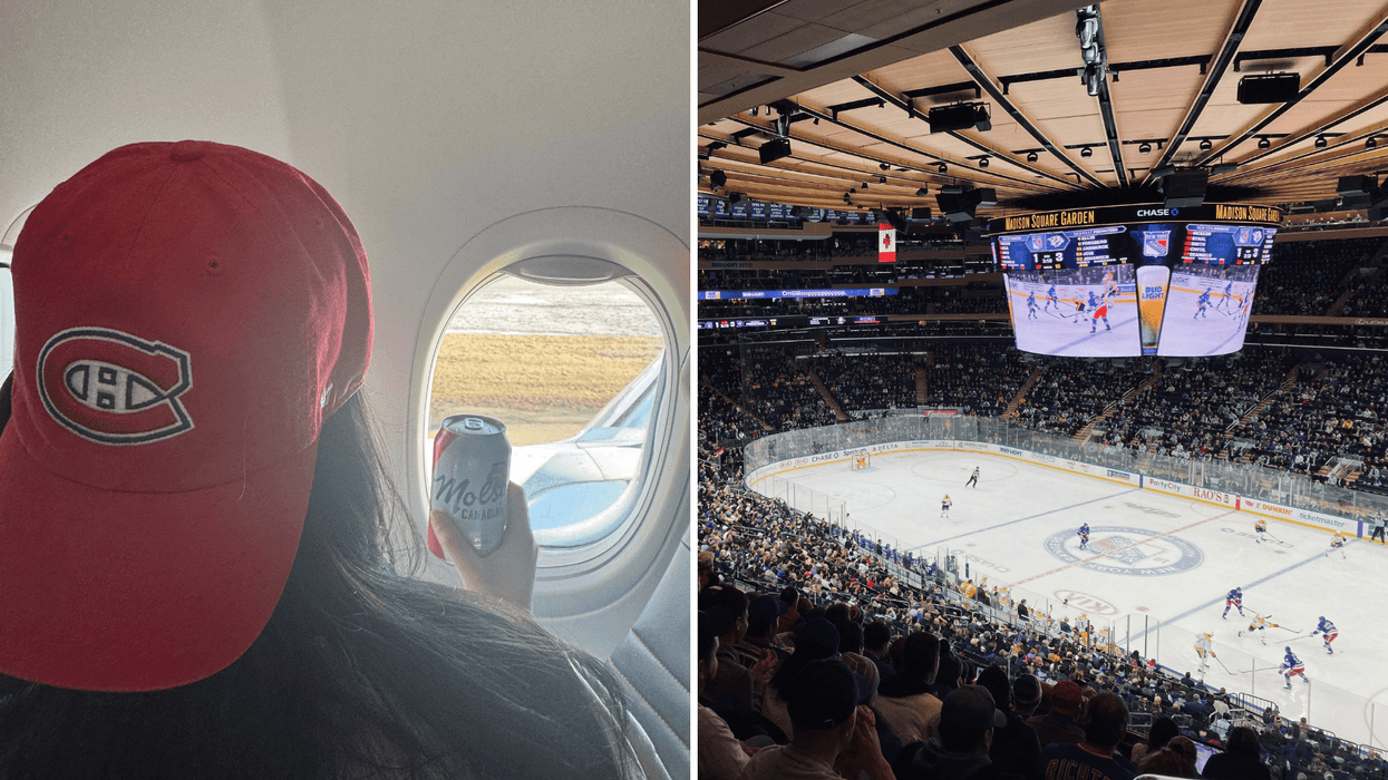 Montreal Canadiens fan on a plane holding a Molson Canadian beer. Right: Montreal Canadiens playing the New York Rangers at Madison Square Garden.