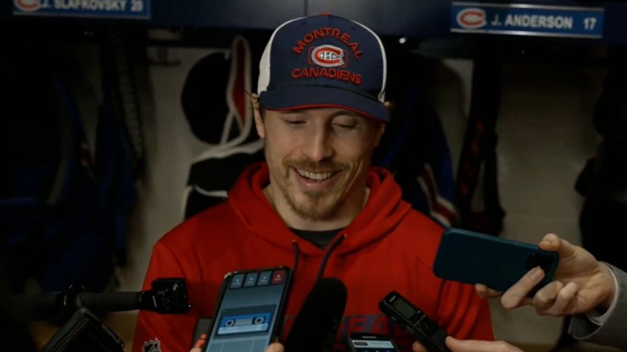 Montreal Canadiens player Brendan Gallagher speaks with reporters after a game.