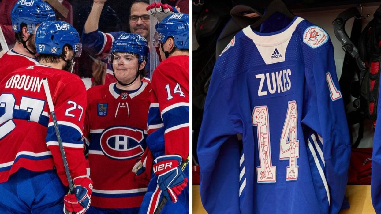 Montreal Canadiens players speaking on ice, Right: Nick Suzuki's nickname jersey for charity.