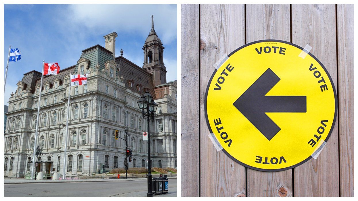 Montreal City Hall. Right: A vote sticker.