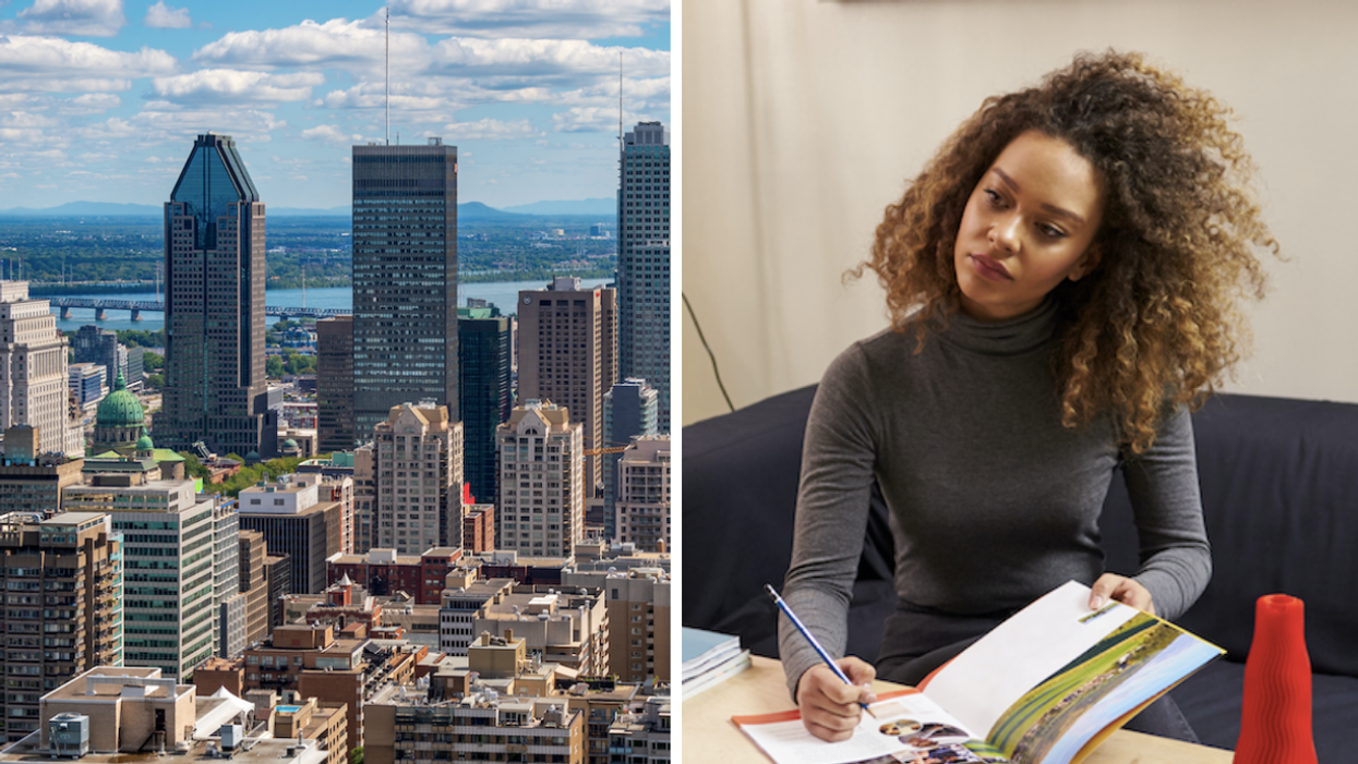 Montreal city skyline from Mont-Royal (left), Person working in office (right)