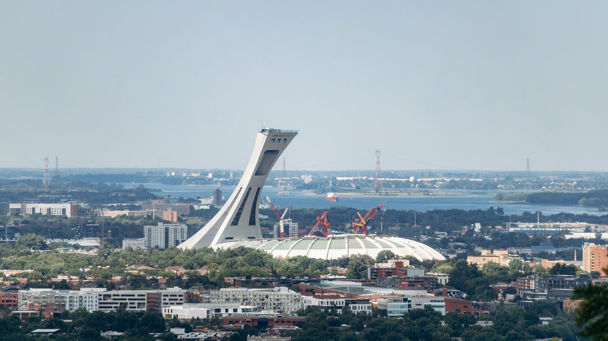 Montreal city view with Olympic Stadium and surrounding neighborhoods seen from Kondiaronk Belvedere