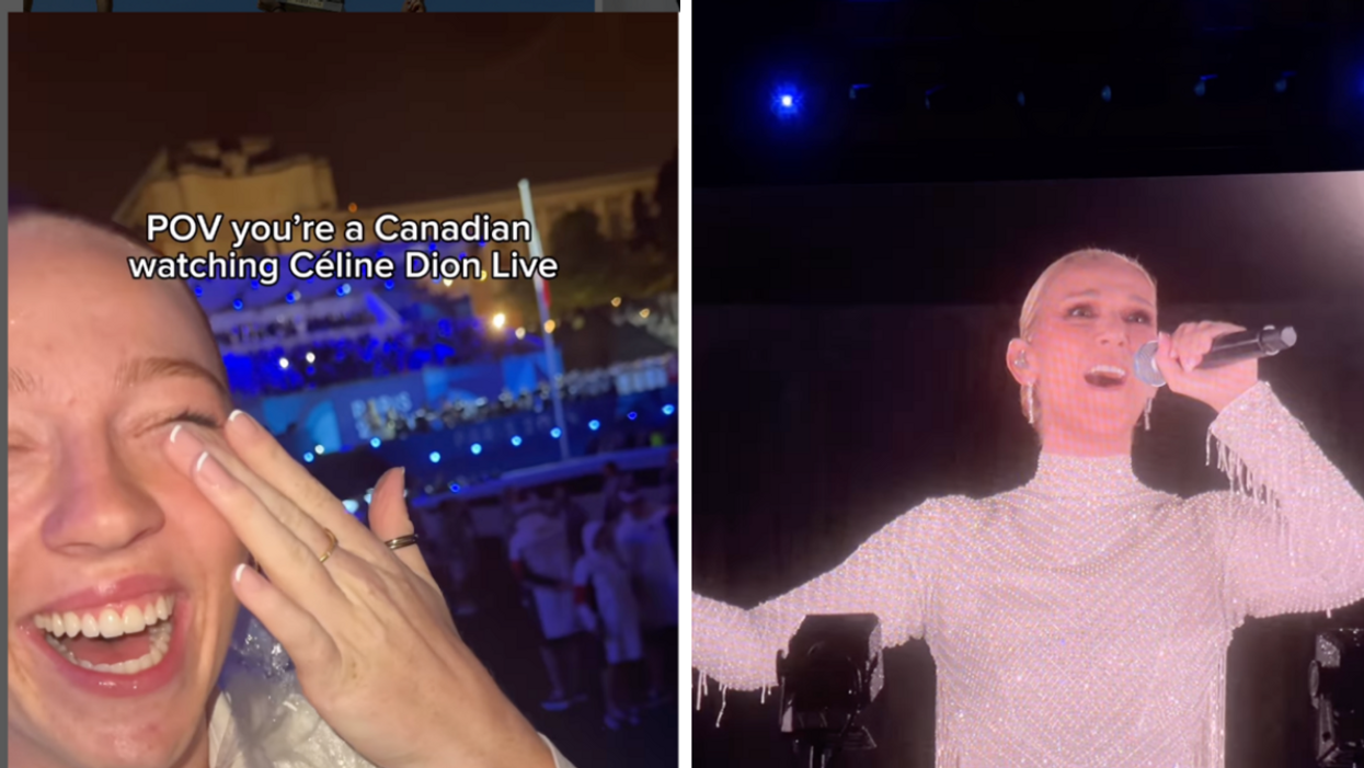 Montreal diver Molly Carlson wells up with tears. Right: Céline Dion performs at the opening ceremony of the 2024 Olympic Games in Paris.