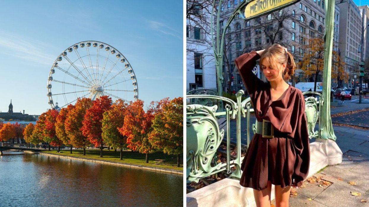 Montreal during fall. Right: A woman smiles and poses in Montreal.
