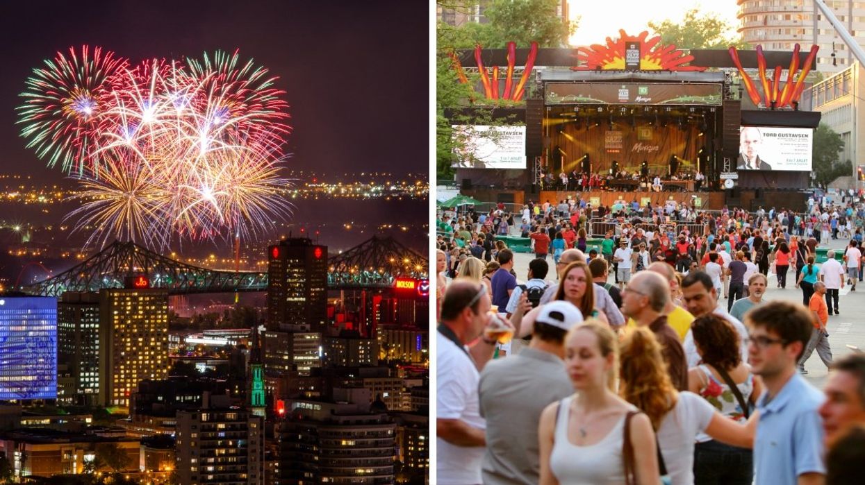 Montreal fireworks overlooking the downtown skyline at night. Right: People listening to a jazz performance at the Montreal Jazz Festival main stage.