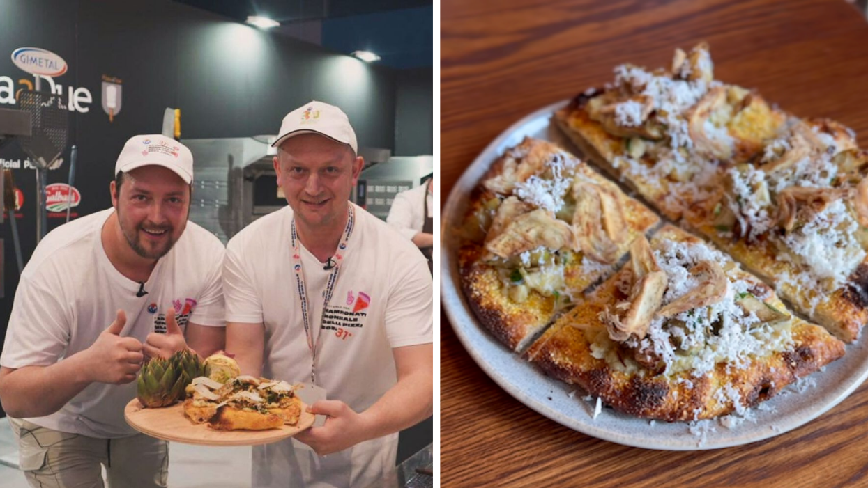 Montreal pizza makers show off their winning dish. Right: Artichoke pizza made by Mirko D’Agata.