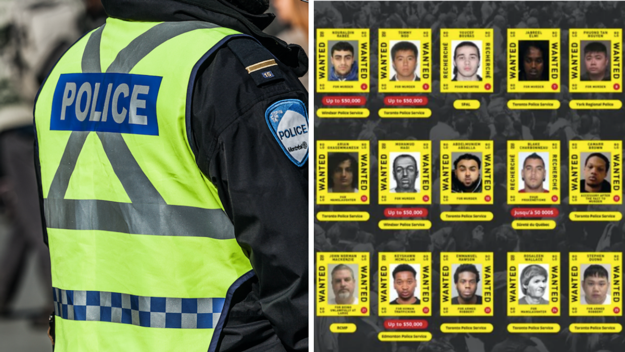 Montreal police officer in uniform. Right: Bolo Program's most wanted list of criminals in Canada.