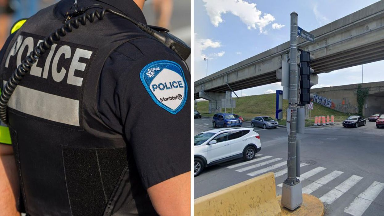 Montreal police officer. Right: intersection of rue Richmond and avenue Saint-Pierre in Lachine in 2019.