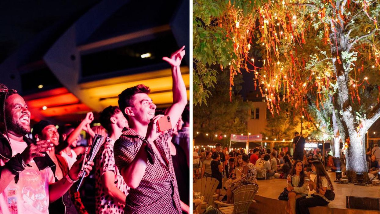 Montreal Pride event at the Olympic Park Esplanade in 2021. Right: The Marché Asiatique night market in Chinatown.