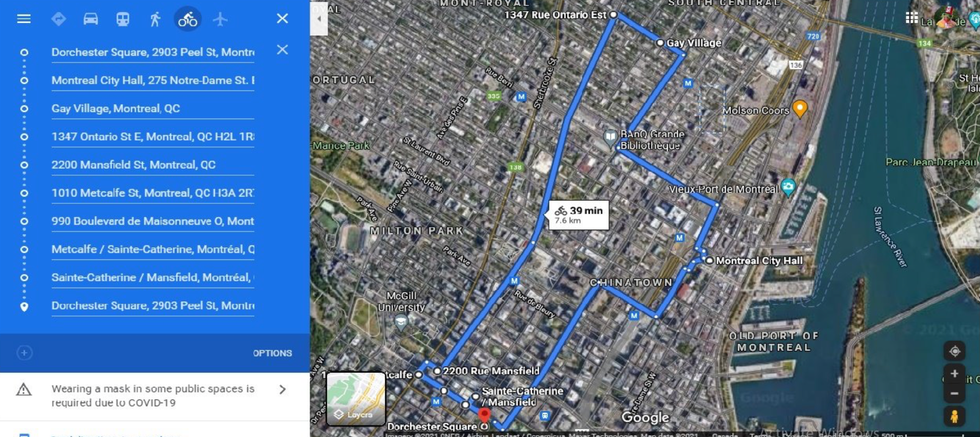 Montreal's 2021 World Naked Bike Ride Map For July 17