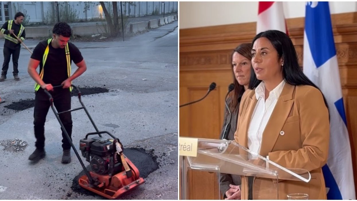Montreal's pothole vigilante working on a street. Right: Montreal mayor Soraya Martinez Ferrada
