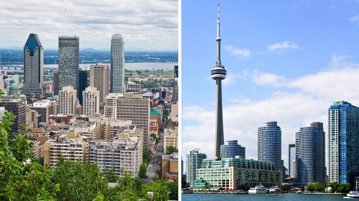 Montreal's skyline on a clear day. Right: The Toronto skyline with the CN Tower in view.